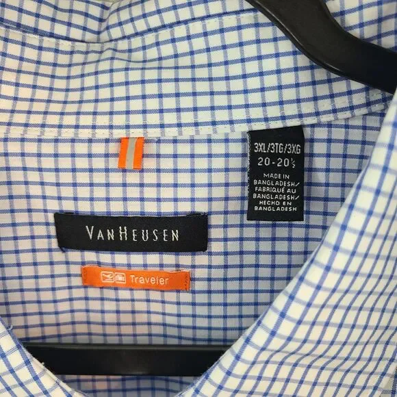 Van Heusen Mens 3XL 20-20 1/2 Traveler Button Up Shirt Blue Micro Gingham Check - Picture 7 of 11